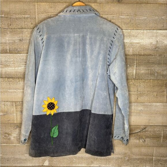 Quacker Factory large 100% leather Blue and Gray sunflower summer Jacket - Picture 5 of 5
